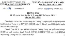 Thông báo tuyển sinh vào lớp 10 Trường THPT chuyên ĐHSP năm học 2021 - 2022