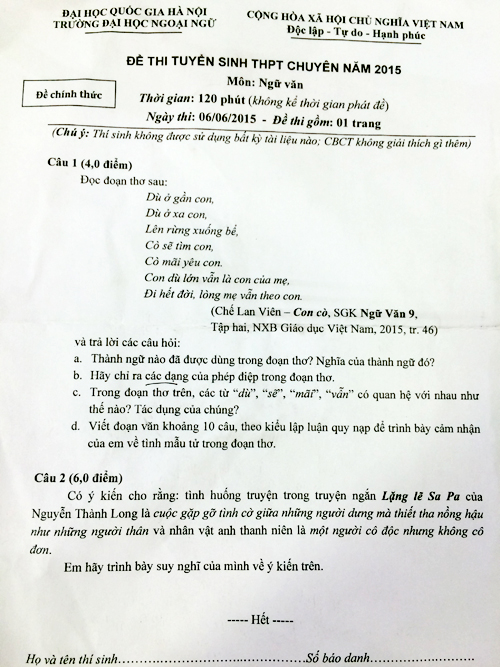 Đề thi Văn/Toán vào lớp 10 chuyên ĐHNN (2015)