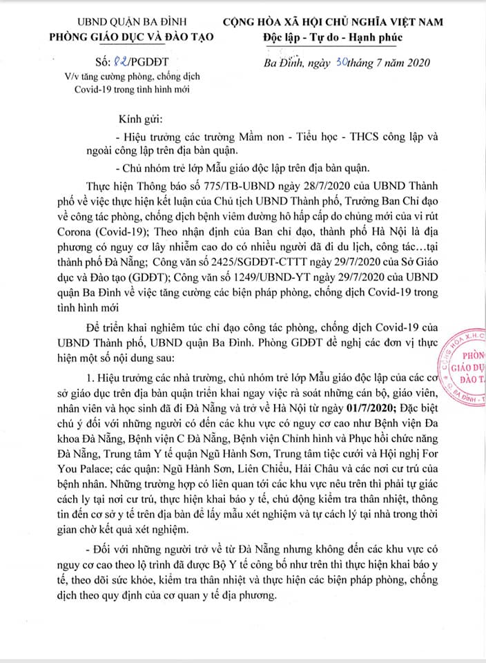 Công văn 82/PGDĐT của Phòng Giáo dục về tăng cường phòng, chống dịch Covid trong tình hình mới(30/7)