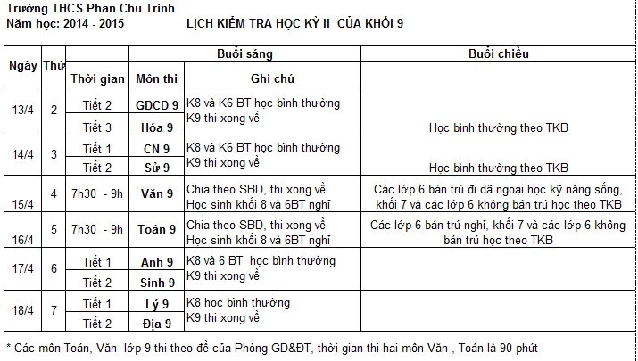 Lịch kiểm tra HK2