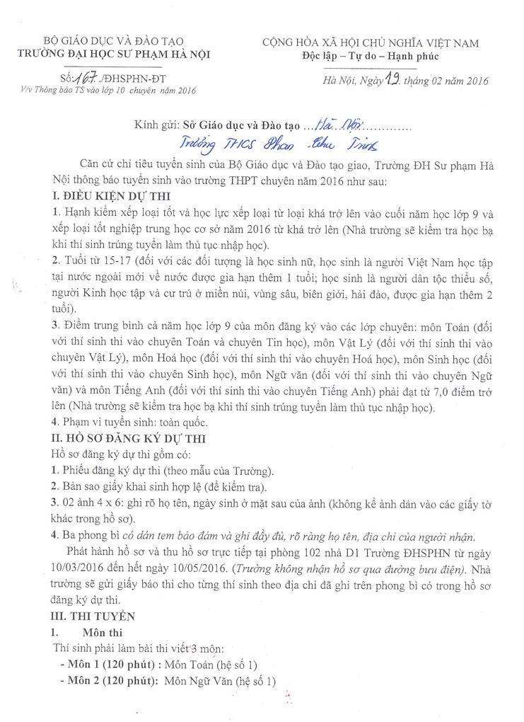 Thông tin tuyển sinh lớp 10 chuyên ĐHSP năm 2016