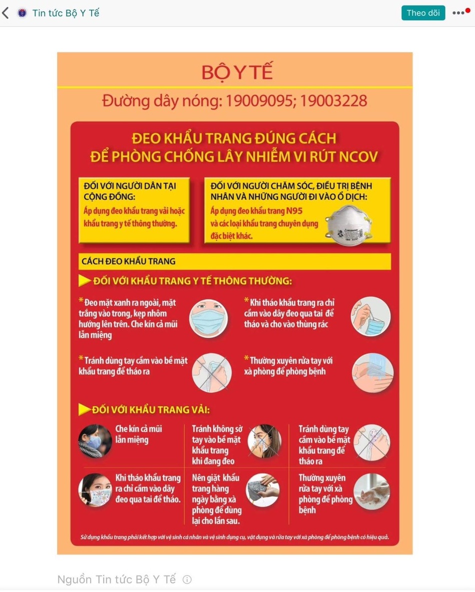 Đeo khẩu trang phòng chống lây nhiễm virus nCoV và rửa tay đúng cách (Bộ Y tế)