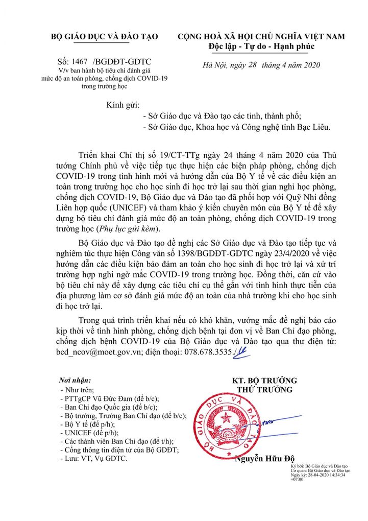 Bộ Giáo dục và Đào tạo xây dựng bộ tiêu chí đánh giá mức độ an toàn phòng, chống dịch COVID-19 trong trường học