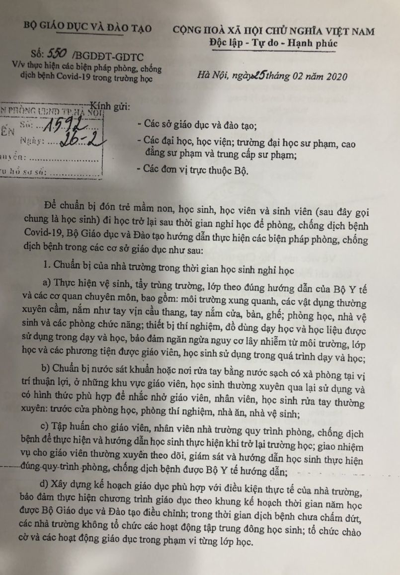 Công văn của Bộ giáo dục về việc thực hiện các biện pháp phòng, chống dịch bệnh Covid19 trong trường học