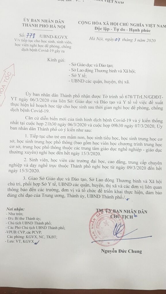 Công văn của UBND thành phố Hà Nội về việc tiếp tục cho học sinh, sinh viên, học viên nghỉ học đến hết ngày 15/03/2020