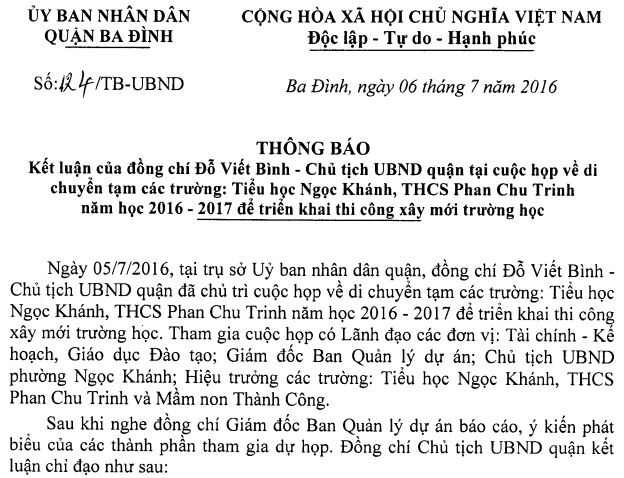 Thông báo về việc tạm di chuyển trường THCS Phan Chu Trinh