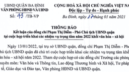 Thông báo số 43/TB-VP của UBND Quận Ba Đình ngày 17/1/2021