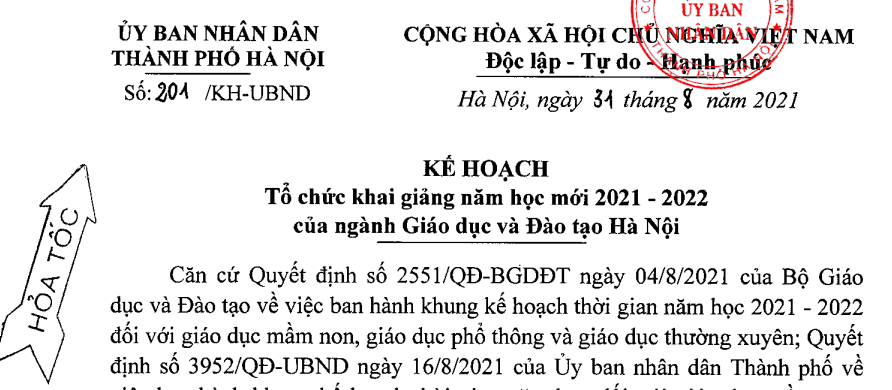 Công văn số 201/KH-UBND của UBND Thành phố Hà Nội ngày 31/8/2021 về việc Tổ chức khai giảng năm học mới 2021-2022 của ngành Giáo dục và Đào tạo Hà Nội