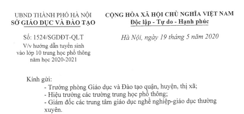 Công văn của Sở giáo dục hướng dẫn tuyển sinh vào lớp 10 THPT 2020-2021