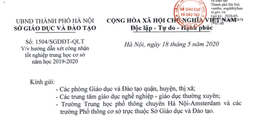 Công văn của Sở giáo dục hướng dẫn xét tốt nghiệp THCS năm 2020