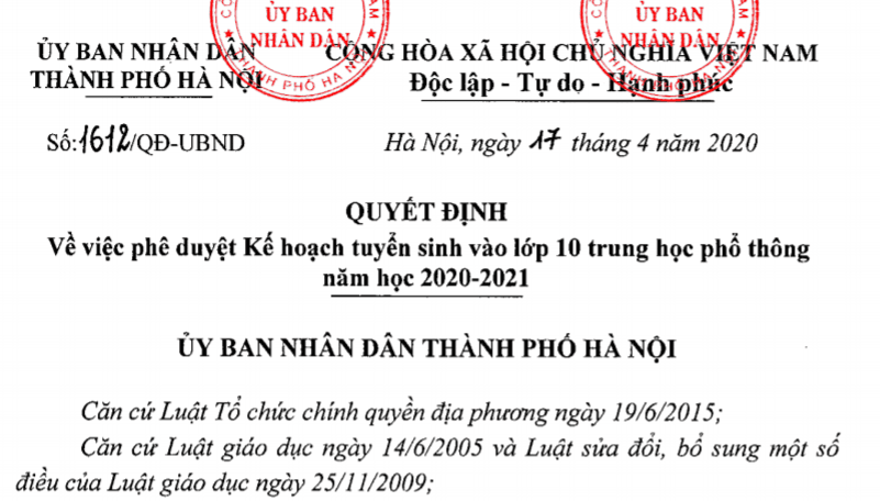 Công văn của UBND Thành phố về phê duyệt kế hoạch thi vào lớp 10 THPT năm học 2020 - 2021