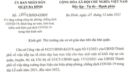 Công văn số 2867/UBND-GDĐT ngày 21/12/2021 của UBND Quận Ba Đình về việc tăng cường công tác phòng, chống dịch Covid-19, thích ứng an toàn, linh hoạt kiểm soát hiệu quả dịch Covid-19 trong tình hình mới