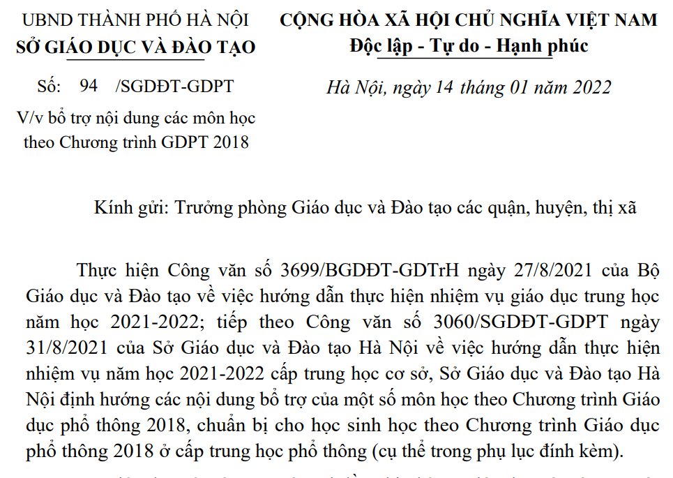 Công văn số 94/SGDĐT-GDPT về việc bổ trợ nội dung các môn học theo Chương trình GDPT 2018