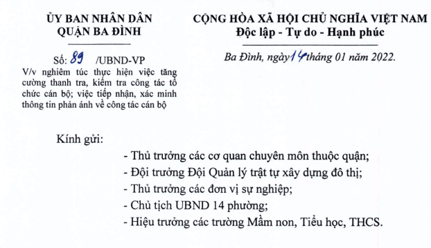 Công văn số 89/UBND-VP ngày 14/1/2022 của UBND Quận Ba Đình về việc nghiêm túc thực hiện việc tăng cường thanh tra, kiểm tra công tác tổ chức cán bộ; việc tiếp nhận, xác minh thông tin phản ánh về công tác cán bộ