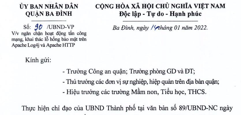 Công văn số 90/UBND-VP của UBND Quận Ba Đình ngày 14/1/2022 về việc ngăn chặn hoạt động tấn công mạng, khai thác lỗ hổng bảo mật trên Apache Log4j và Apache HTTP