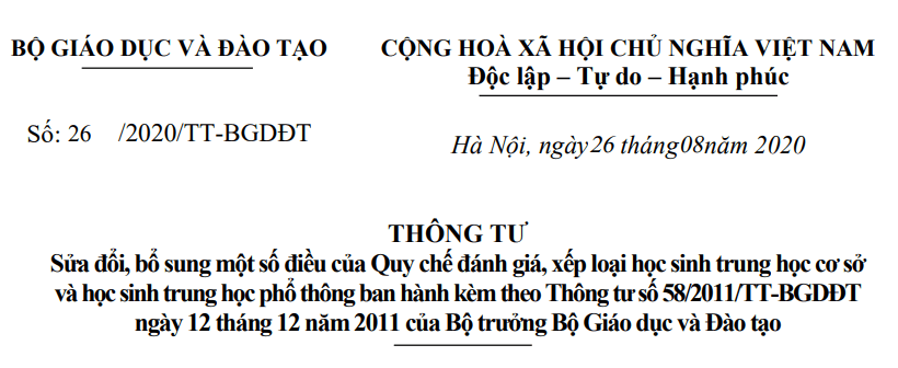 Thông tư 26/2020/TT-BGDĐT của Bộ GD&amp;ĐT sửa đổi thông tư 58