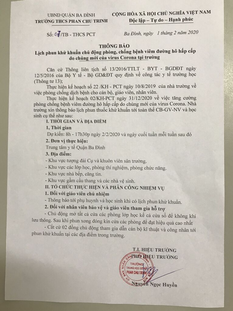 Lịch phun khử khuẩn chủ động phòng, chống bệnh viêm đường hô hấp cấp do chủng mới của virus Corona: