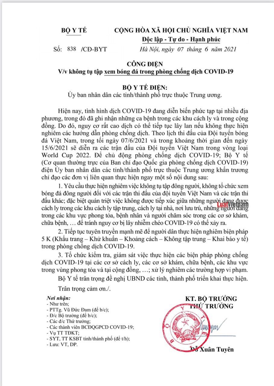Công điện 838/CĐ-BYT về việc không tụ tập xem bóng đá