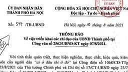 Thông báo số 577/TB-UBND về việc triển khai các chỉ đạo của UBND Thành phố tại Công văn số 2562/UBND-KT ngày 07/8/2021