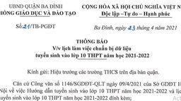 Phòng giáo dục thông báo lịch làm việc chuẩn bị dữ liệu tuyển sinh vào lớp 10 THPT năm 2021