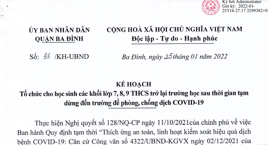 Kế hoạch số 33/KH-UBND của UBND Quận Ba Đình về việc Tổ chức cho học sinh các khối lớp 7, 8, 9 THCS trở lại trường học