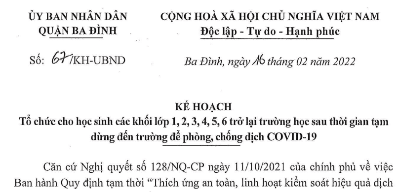 Kế hoạch số 67/KH-UBND của UBND Quận Ba Đình về việc Tổ chức cho học sinh các khối lớp 1, 2, 3, 4, 5, 6 trở lại trường học sau thời gian tạm dừng đến trường để phòng, chống dịch Covid-19