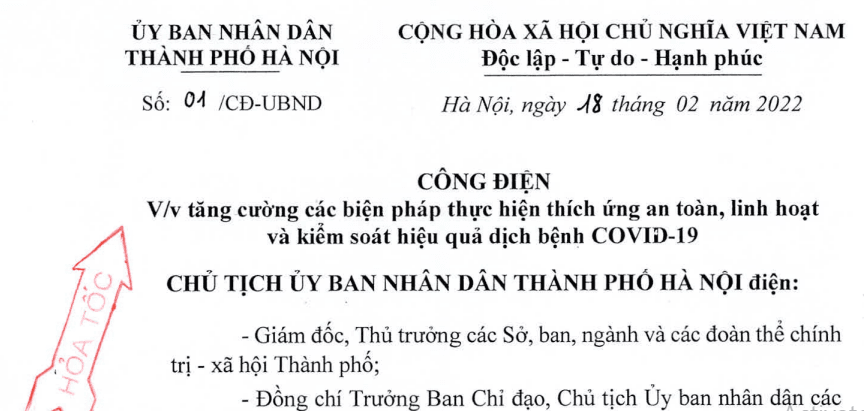 Công điện số 01/CĐ-UBND của UBND Thành phố Hà Nội về việc tăng cường các biện pháp thực hiện thích ứng an toàn, linh hoạt và kiểm soát hiệu quả dịch bệnh Covid-19
