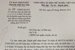 Công văn số 570/UBND-KGVX ngày 27/2/2022 của Ủy ban nhân dân Thành phố Hà Nội về hình thức học áp dụng cho học sinh các khối lớp 1,2,3,4,5,6 thuộc 18 huyện, thị xã
