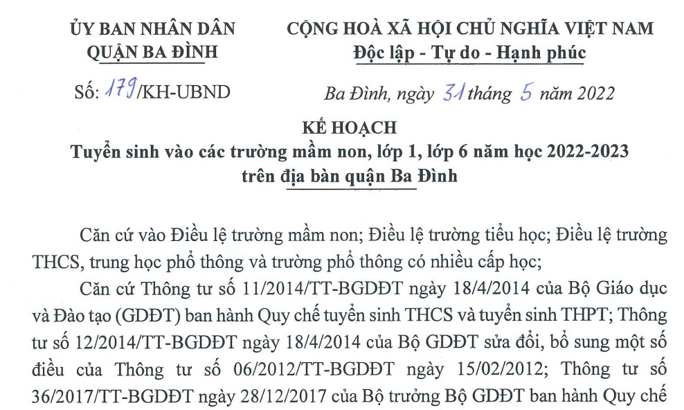 Kế hoạch tuyển sinh vào các trường mầm non, lớp 1, lớp 6 (UBND Quận Ba Đình)