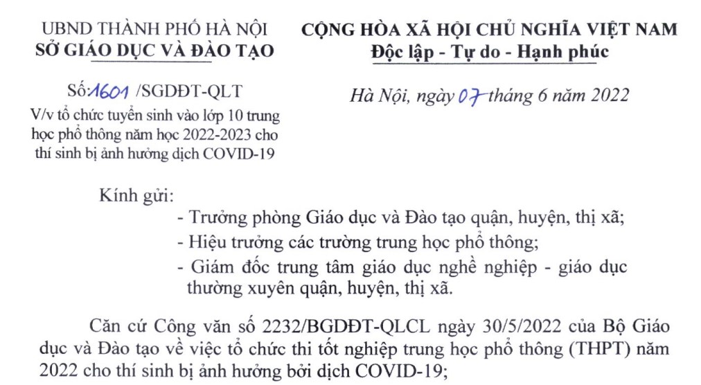 Công văn số 1601/SGDĐT-QLT ngày 7/6/2022 của Sở Giáo dục và Đào tạo Hà Nội về việc tổ chức tuyển sinh vào lớp 10 THPT năm học 2022-2023 cho thí sinh bị ảnh hưởng dịch Covid-19