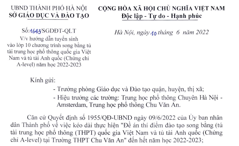 Công văn số 1643/SGDĐT-QLT ngày 10/6/2022 về việc hướng dẫn tuyển sinh vào lớp 10 chương trình song bằng tú tài trung học phổ thông quốc gia Việt Nam và tú tài Anh quốc (Chứng chỉ A-level) năm học 2022-2023