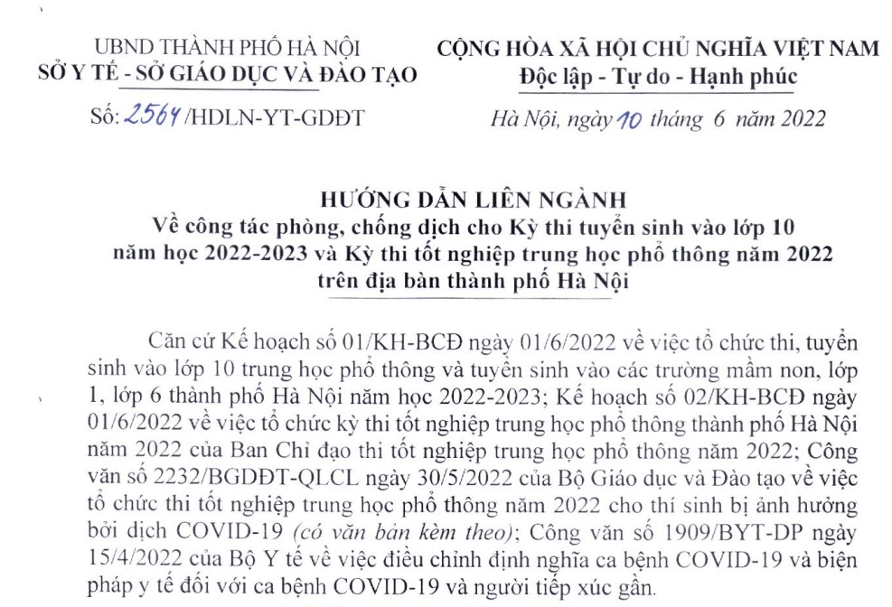 Hướng dẫn liên ngành số 2564/HDLN-YT-GDĐT của Sở Y tế và Sở Giáo dục và Đào tạo Hà Nội ngày 10/6/2022 về hướng dẫn công tác phòng chống dịch cho Kỳ thi vào lớp 10 và Kỳ thi tốt nghiệp THPT năm 2022