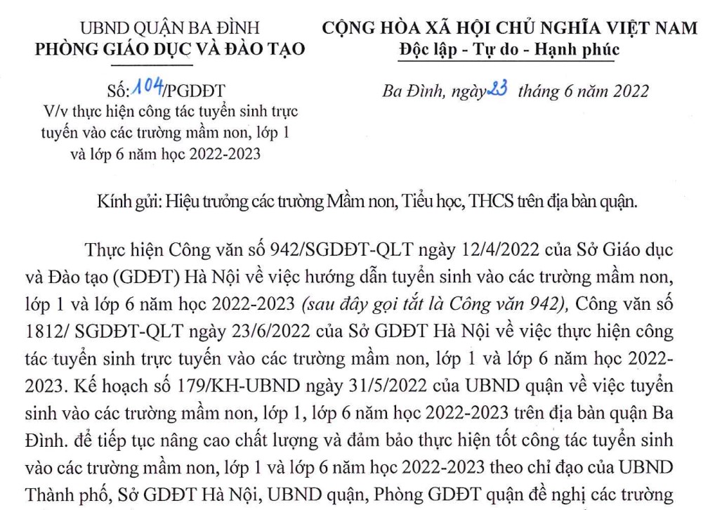 Công văn số 104/PGDĐT ngày 23/6/2022 của Phòng giáo dục và đào tạo về việc thực hiện công tác tuyển sinh trực tuyến vào các trường  mầm non, lớp 1, lớp 6 năm học 2022-2023