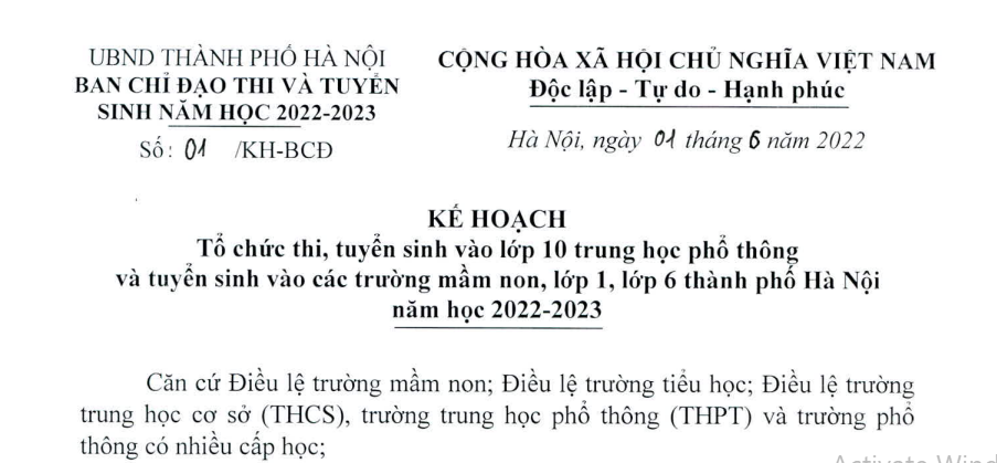 Kế hoạch tổ chức thi, tuyển sinh vào lớp 10 và tuyển sinh vào mầm non, lớp 1, lớp 6 (UBND TP Hà Nội)