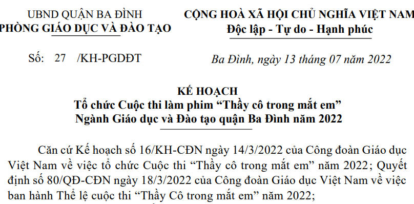 Kế hoạch Tổ chức Cuộc thi làm phim "Thầy cô trong mắt em" của Ngành Giáo dục và Đào tạo Quận Ba Đình năm 2022