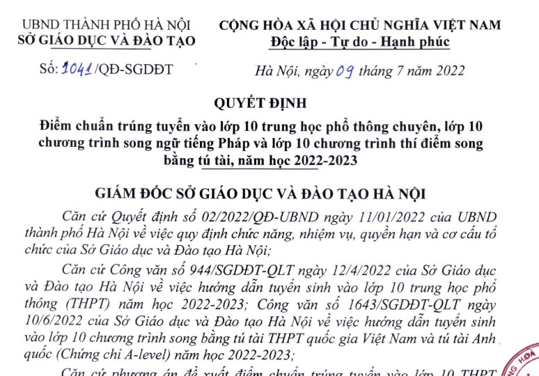 Điểm trúng tuyển vào lớp 10 chuyên THPT năm học 2022-2023