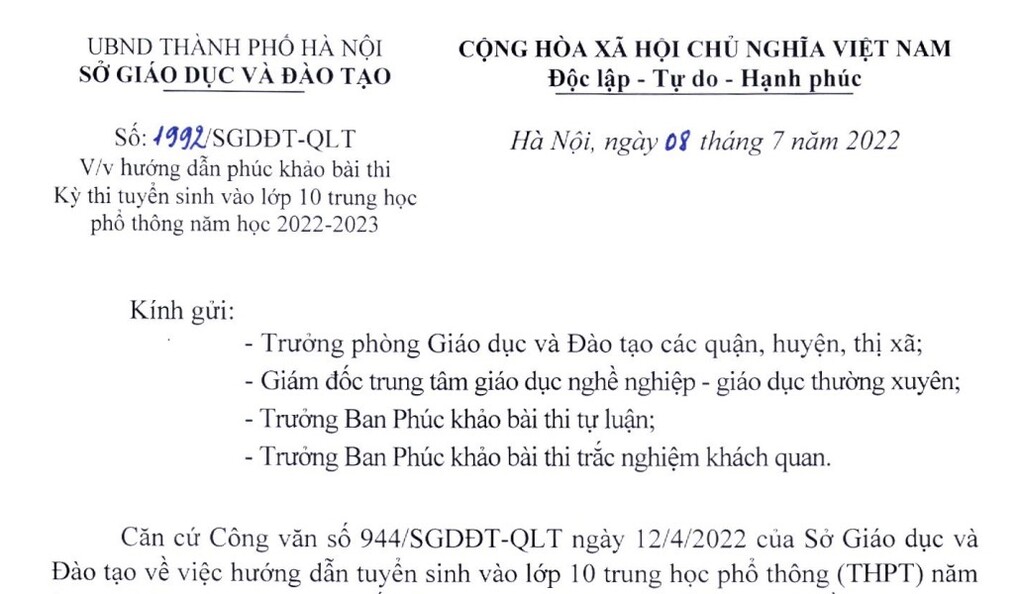 Công văn số 1992/SGDĐT-QLT của Sở Giáo dục và Đào tạo  về việc hướng dẫn phúc khảo bài thi Kỳ thi tuyển sinh vào lớp 10 (năm 2022)