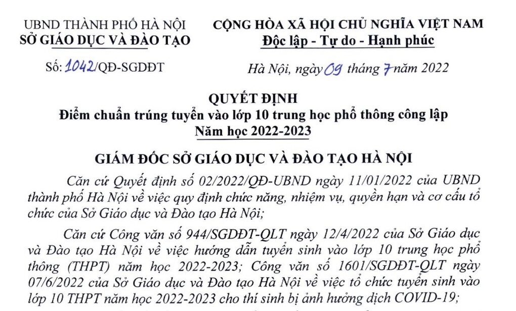 Điểm chuẩn trúng tuyển vào lớp 10 THPT công lập (năm 2022)