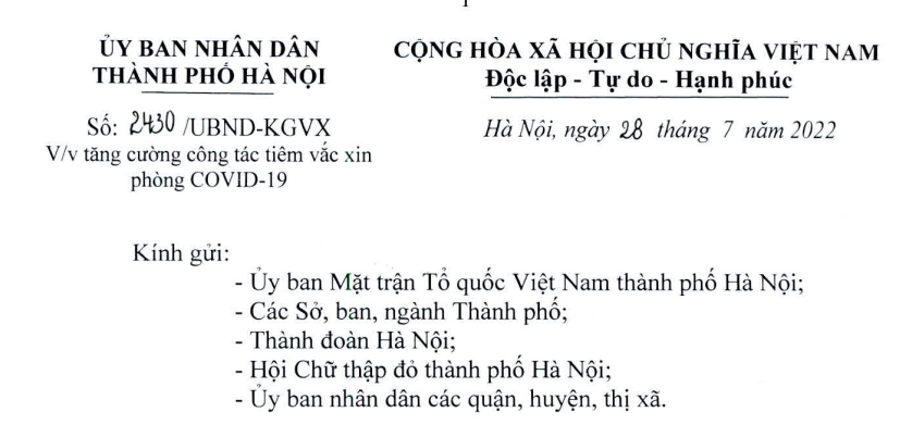 Công văn số 2430/UBND-KGVX của UBND Thành phố Hà Nội ban hành ngày 28/7/2022 về việc tăng cường công tác tiêm vắc xin phòng Covid-19.