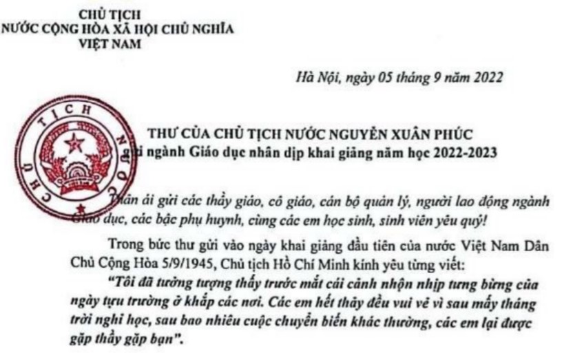 Thư của Chủ tịch nước gửi ngành Giáo dục nhân dịp khai giảng năm học 2022-2023