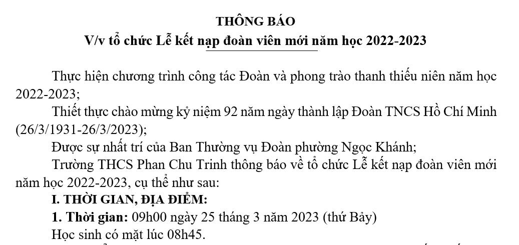 Thông báo về việc tổ chức Lễ kết nạp đoàn viên mới năm học 2022-2023