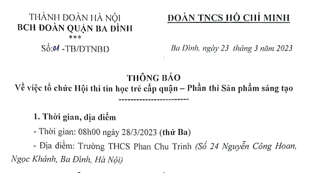 Thông báo của BCH Đoàn Quận Ba Đình về việc tổ chức Hội thi tin học trẻ cấp Quận - Phần thi Sản phẩm sáng tạo