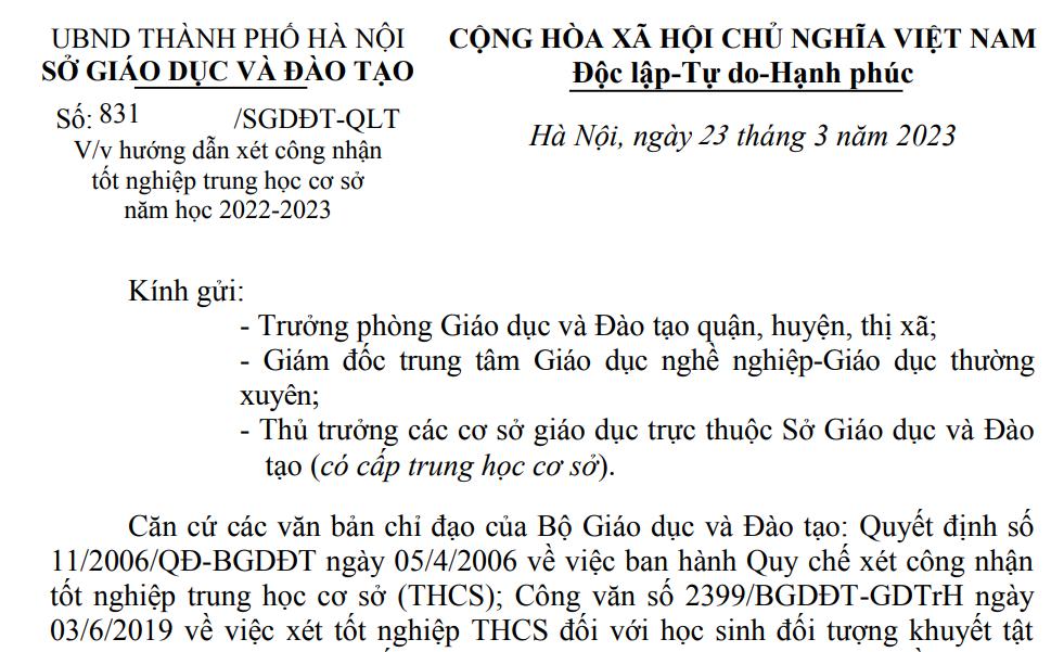 Công văn số 831/SGDĐT-QLT của Sở Giáo dục và Đào tạo về việc xét công nhận tốt nghiệp THCS năm học 2022-2023