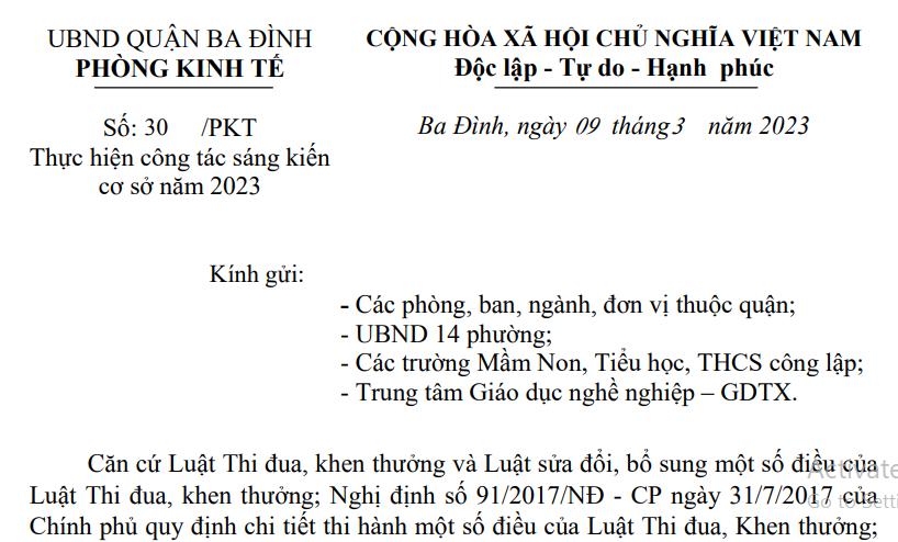 Công văn số 30/PKT của Phòng Kinh tế- UBND Quận Ba Đình về việc Thực hiện công tác sáng kiến cơ sở năm 2023.
