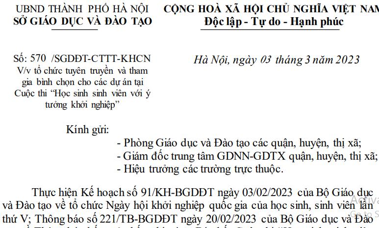 Công văn số 570/SGDĐT-CTTT-KHCN ngày 3/3/2023 của Sở Giáo dục và Đào tạo Hà Nội về Cuộc thi "Học sinh sinh viên với ý tưởng khởi nghiệp"