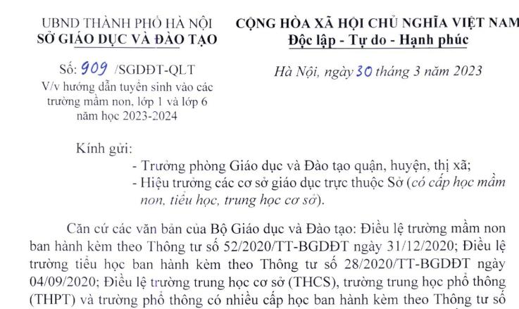 Công văn số 909/SGDĐT-QLT của Sở Giáo dục và Đào tạo Hà Nội về việc Hướng dẫn tuyển sinh vào các trường mầm non, lớp 1 và lớp 6 năm học 2023-2024