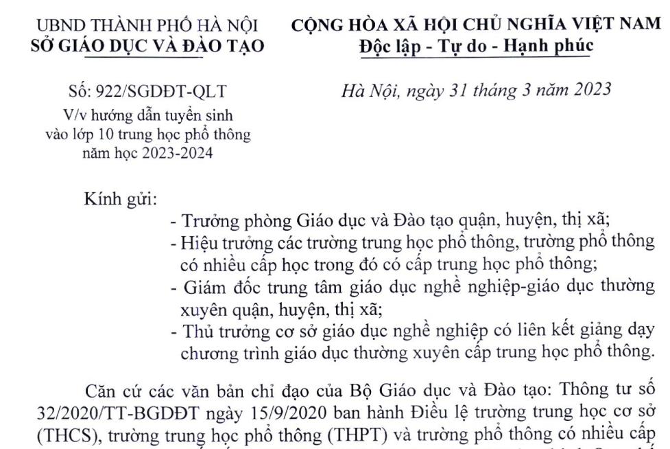 Công văn số 922/SGDĐT-QLT của Sở Giáo dục và Đào tạo Hà Nội về việc Hướng dẫn tuyển sinh vào lớp 10 THPT năm học 2023 - 2024