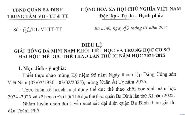 Điều lệ Giải bóng đá Mini nam khối Tiểu học và THCS Đại hội thể dục thể thao lần thứ XI năm học 2024-2025.