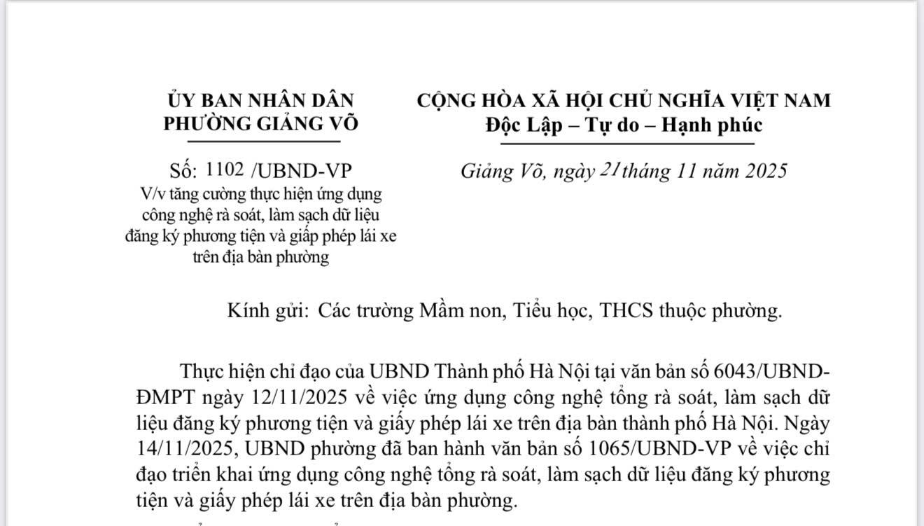 Công văn chỉ đạo tăng cường thực hiện ứng dụng công nghệ, rà soát, làm sạch dữ liệu đăng ký phương tiện, giấy phép lái xe