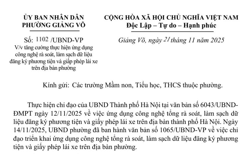 Công văn 1102/UBND-VP của UBND Phường Giảng Võ về việc ứng dụng công nghệ rà soát, làm sạch dữ liệu đăng ký phương tiện và giấy phép lái xe